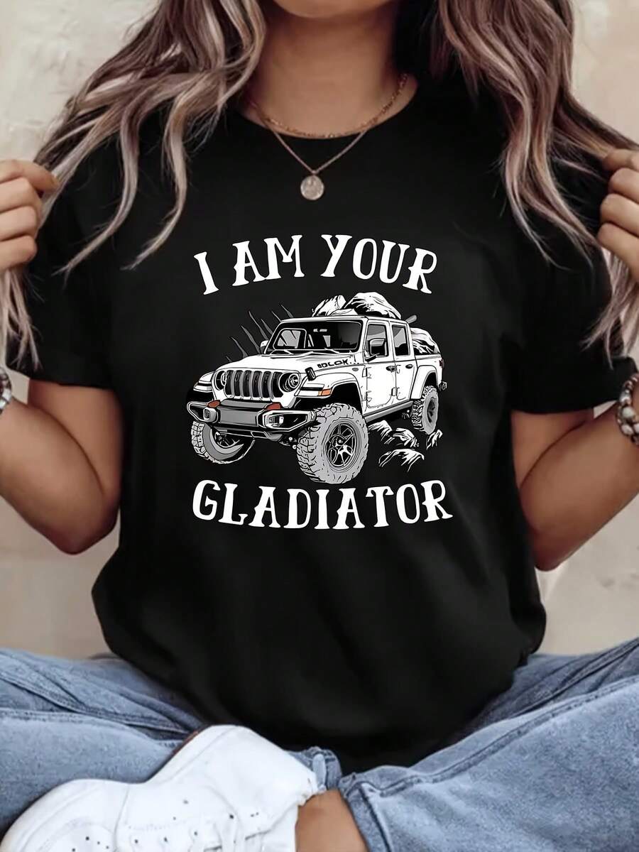 Women's Jeeps Print Oversized Cotton T-Shirt, Soft And Breathable, Comfortable And Fitted Crew Neck, 220g - màu đen - Xem 1