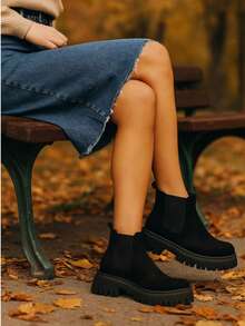 Botines cortos con resortes en los laterales con suela antiderrapante ligera y sueve al tacto moderna para cualquier epoca del año  Preppy    Tela    botines de moda  Exterior - Negro - Ver 4