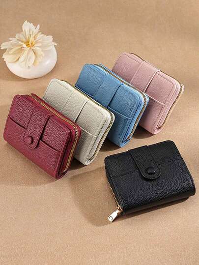 Women's Large Capacity Short Wallet, Solid Color Litchi Grain Purse, Multi-Card Holder Leather Wallet, High-End Coin Purse