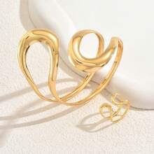 1 Set Spiral Design Chunky Bracelet Ring Jewelry Set , Women Cuff Bangle , Matching Design Rings Bracelets - Gold - View 7