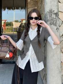 Fashionable Flare Sleeve Shirt Blouse, 2 In 1 Early Spring Women Cardigan - Grey - View 2