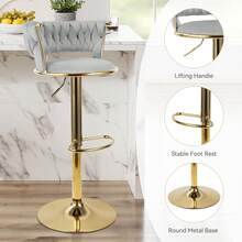 Nalupatio Set Of 2 Luxurious Bar Stools With Velvet Upholstery, Backrest & Footrest – Height Adjustable & Swivel, With Gold Metal Base - Light Grey - View 3