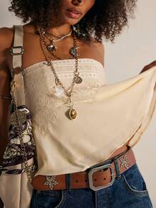 Women's Lace Floral Embroidery Tube Top Strapless Off Shoulder Ruffle Hem Babydoll Flowy Bandeau Tops Summer Sleeveless Backless Cute Cami Vest Sweet Going Out Tops Shirts Vintage Aesthetic Clothes Streetwear - 杏色 - 查看 3