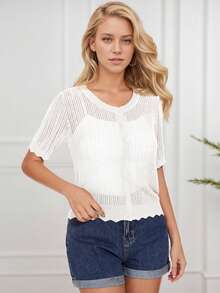 tooluck Women's 3/4 Sleeve Shrugs Open Front Cropped Sweater Crew Neck Button-Down Cardigan White - 白色 - 查看 2