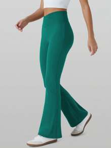 RUNONWHEELS 5 高腰喇叭裤日常健身运动紧身裤，女式提臀瑜伽紧身裤，女式高腰交叉设计喇叭紧身裤 - 墨綠色 - 查看 7