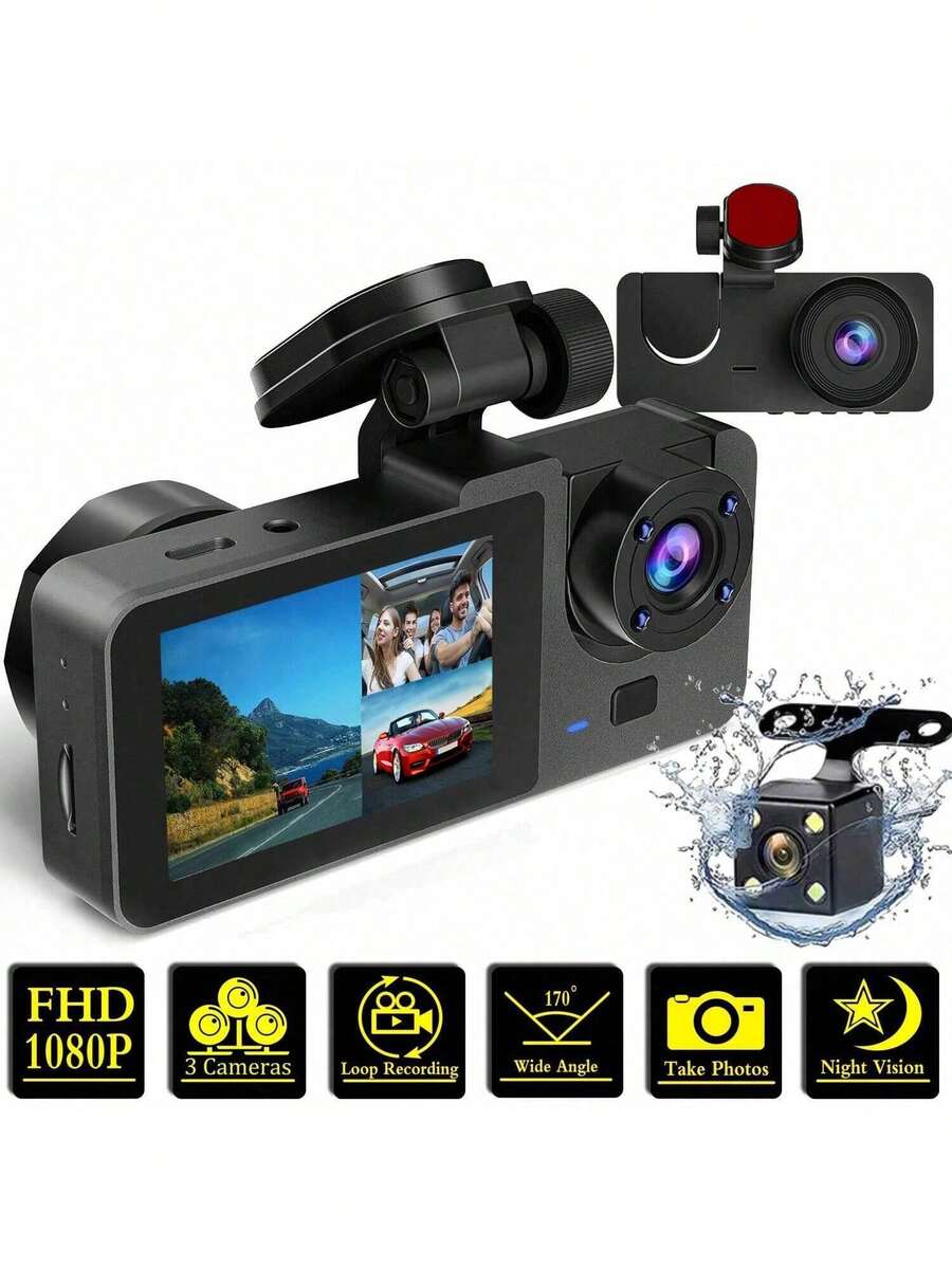 1 pieza, Cámara de salpicadero frontal, trasera y interior, Cámara de salpicadero de 3 lentes para automóviles, Cámara DVR para automóviles Full HD 1080P con grabación en bucle, Cámara para automóvil, Pantalla de 2 pulgadas, Tarjeta SD no incluida - Negro - Ver 1