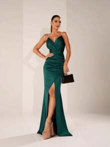 Formal Cocktail Party Dress Wedding Bridesmaid Guest With Slit - Xanh ngọc lục bảo - Xem 1