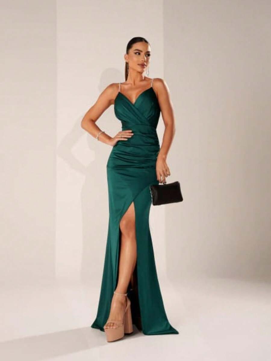 Formal Cocktail Party Dress Wedding Bridesmaid Guest With Slit - Xanh ngọc lục bảo - Xem 1