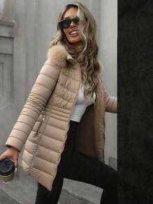 Giolshon 女士休闲连帽夹克，带口袋，轻便羽绒服，适合日常穿着 - 米色 - 查看 5