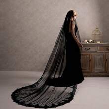 1pc Black Handmade Lace Trim Bridal Veil, Dark Gothic Style Floor Length Cathedral Wedding Dress Accessory Fall Clothes For Women - 黑色 - 查看 3
