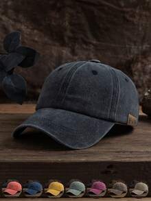 1 pieza Gorra de béisbol unisex de estilo casual y de moda para exteriores, ajustable, con etiqueta, de unicolor lavado, estilo retro de calle, adecuada para combinar a diario, tipo gorra de papá - A - Ver 12