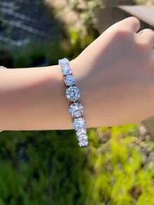 1pc Top Sparkling Round Cubic Zirconia Silver Plated Tennis Chain Bracelet For Women, Wedding, Engagement, Bridal Party Jewelry Gift - White - View 2