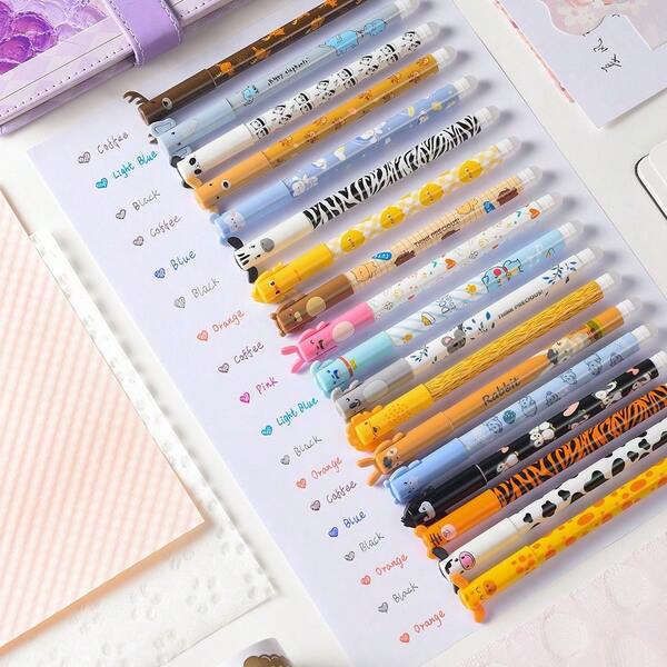 Conjunto de 16 canetas de gel apagáveis com design de desenho animado fofo, colorido