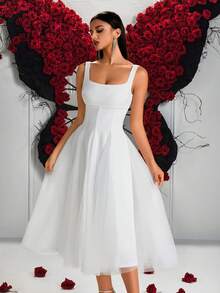 ADYCE Vestido Midi Elegante de Festa com Decote Quadrado, Cintura Alta, Recortes em Branco Puro, Costas Abertas, para Festa de Formatura, Aniversário, Festa à Noite, Festa de Boas-Vindas, Casamento, Coquetel, Família e Festival