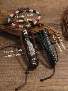 3pcs Bracelet Feather Accessory Set, Multi-Style Men's Multi-Layer Leather Braided Hemp Rope Punk Bracelet Set