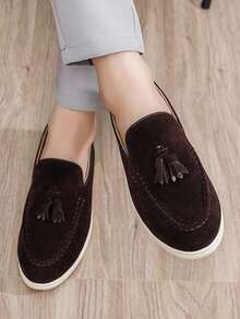 2025 New Round Toe Loafers For Men, Tasseled Vamp, Coffee Color, Versatile Business Formal Work Shoes, British Style Flat Loafers, Casual Breathable, Soft Sole, Suitable For All Seasons - Brown - View 5