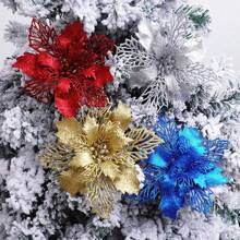 1/10 piezas Decoración de flores de Flor de Pascua con lentejuelas y clips, hojas de malla con brillo dorado rosa, flores de Flor de Pascua artificiales para árbol de Navidad, decoraciones navideñas y de Año Nuevo, flores de Navidad artificiales brillantes para árbol de Navidad dorado rosa, decoración de mesa de boda (Rojo)