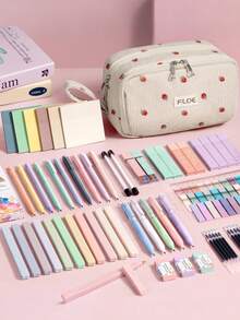 62PCS Large Capacity Pencil Pouch Stationery Pen Bag With Pastel Highlighters Black Ink Gel Pens Mechanical Pencils Set 0.5mm, 0.7mm & 2.0mm, Aesthetic School Supplies For Back To School Student & College Essentials Gifts - 米色草莓 - 查看 3