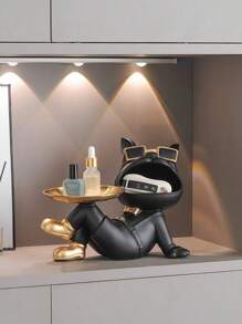 1pc Creative French Bulldog Decorative Figurine With Tray, Suitable For Living Room Decor, Creative Storage, Bedroom Decor, Office High-End Decor, Storage, Can Be Given As Anniversary Or Birthday Gift To Friends And Family