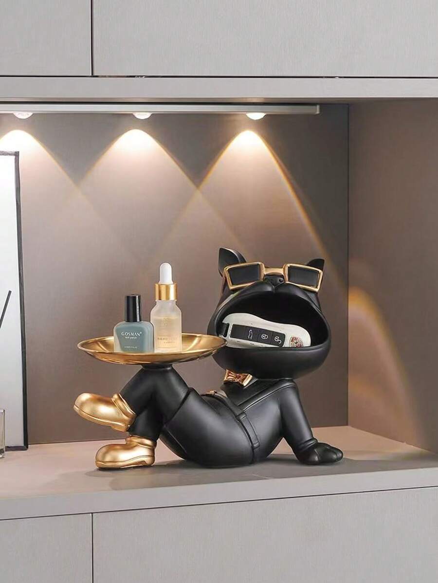 1pc Creative French Bulldog Decorative Figurine With Tray, Suitable For Living Room Decor, Creative Storage, Bedroom Decor, Office High-End Decor, Storage, Can Be Given As Anniversary Or Birthday Gift To Friends And Family
