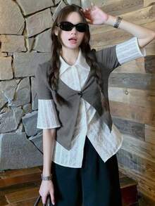 Fashionable Flare Sleeve Shirt Blouse, 2 In 1 Early Spring Women Cardigan - Grey - View 7