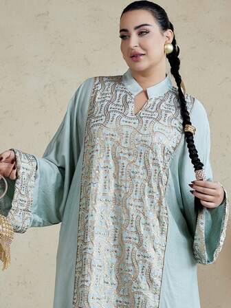 Elegante bata bordada con cuentas, bata estilo árabe de manga larga y cuello en V, color verde fresco, último diseño de bata para el Año Nuevo 2026