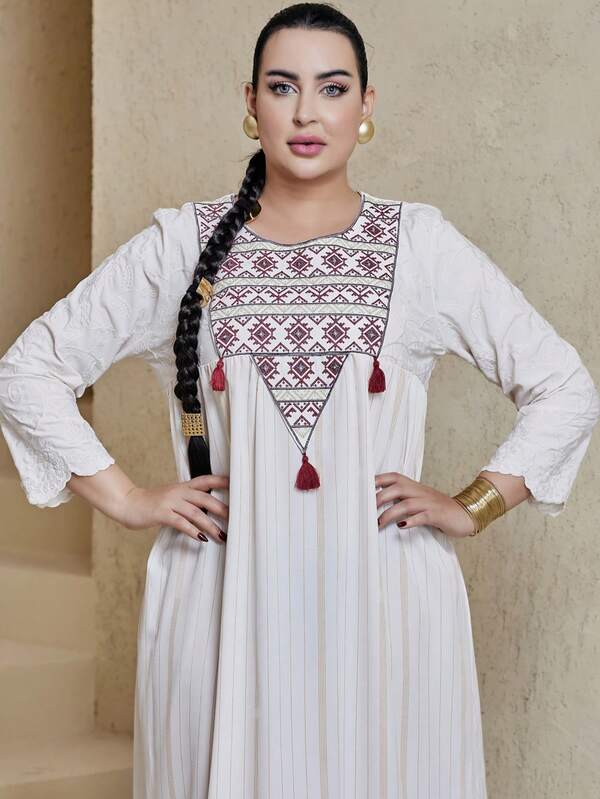 Elegant Embroidered Gold Print Arabic Dress JALABIA With Tassel & Ruffle Sleeve, Fresh White Abaya, Latest Design For Saudi National Day 2025