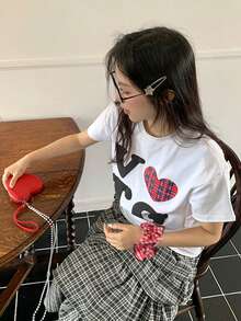 Back To School Cute Heart & Letter Print Casual Round Neck Short Sleeve T-Shirt For Women, Spring/Summer White - White - View 3