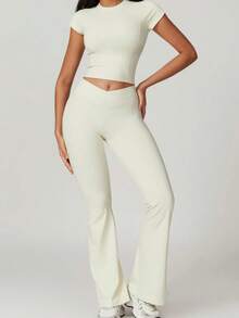 2Piece Set Women's Solid Crop High Waist Biker Pants Tracksuit Set, Flare Bottoms Legging Streetwear Tracksuit, Sporty Breathable Comfy Outfits For Gym Workout Running, Ladies Sportswear, Minimalistic Outfit - 白色 - 查看 4