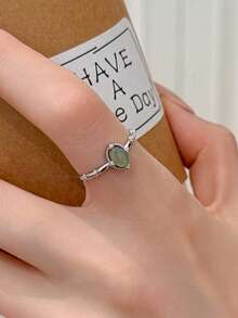 BALMORA 1pc Vintage S925 Sterling Silver Oval Jade Ring, Suitable For Girls/Women/Girlfriend/Mother, Retro Party/Date Gift, Daily Wear Birthday Present - Silver - View 5