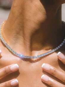 1pc 3mm Top Quality Hip Hop Four Claw Diamond Tennis Chain Necklace In White Gold Adjustable Clavicle Necklace S925or925 Sterling Silver Shining Light Luxury And High-End Exquisite Fine Jewelry Gifts For Women - 3mm High-end Full Diamond Necklace - View 5