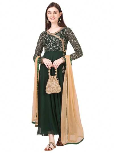 Estationeryhouse Women's Georgette Anarkali Kurta Kurti With Heavy Embroidery With Contrast Dupatta (Bottoms Not Included)