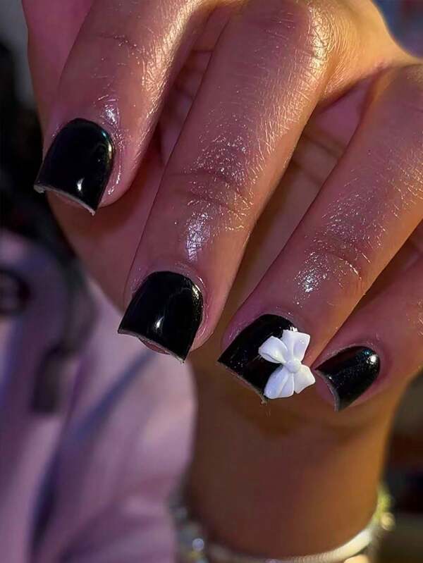 24pcs Black Square White Bow Decor, Minimalist & Fashionable Press-On Fake Nails, Suitable For Daily, Business, Dates, Parties, Birthdays