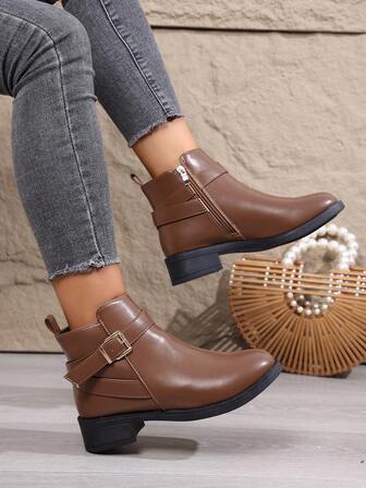 Women's Fashion Versatile Patchwork Metal Buckle Zipper Solid Color Round Toe Short Ankle Buckle Strap Chunky Heel Short Boots, Fashionable Casual Daily Wear, Autumn/Winter, Brown, Leather