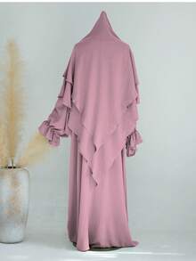 1 Set de Vestido Abaya musulmán suave con mangas de campana, emparejado con hijabs de unicolor, diseño clásico y versátil con cierre de lazo, adecuado para cualquier persona - Multicolor - Ver 7