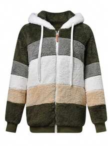 Furry New Hoodie Jacket, Loose Fluffy Colorblock Hooded Coat For Women, Fall Winter - Army Green - View 7