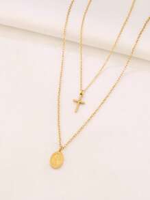 1件不锈钢圣母玛利亚吊坠项链，时尚宗教迷你金色吊坠双层链项链，女士首饰 - 樣式 3 - 查看 11