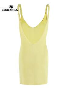 性感奶油黄沙滩迷你裙2025女式夏季泳衣罩衫别致吊带V领无袖节日派对连衣裙