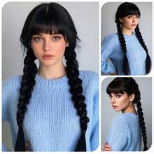 1 件时尚编织假发带刘海，高温纤维黑色编织假发，全头假发，适合化装舞会 - 黑色 - 查看 1