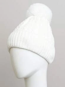 Velvet Cable Knit Pom Beanie – Soft & Stylish Winter Look - 白色 - 查看 1
