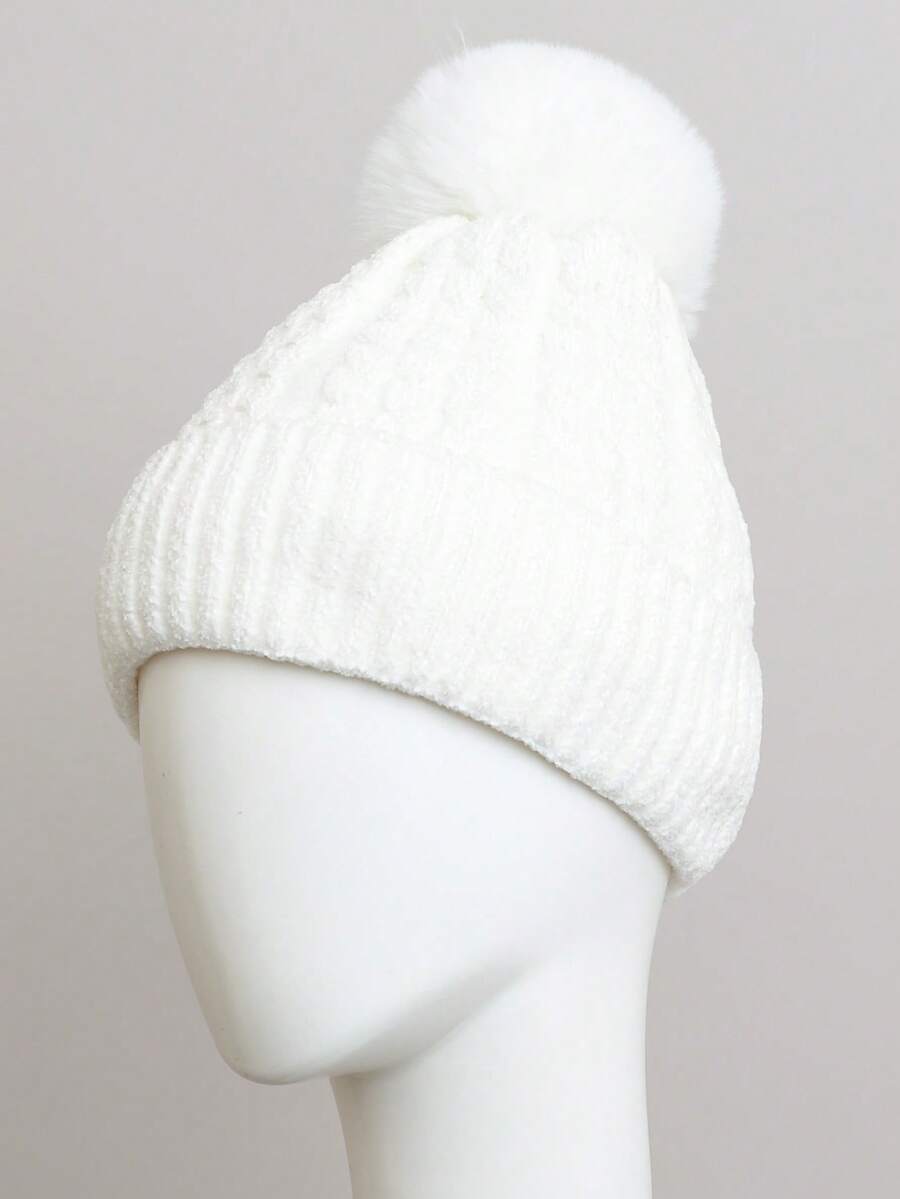 Velvet Cable Knit Pom Beanie – Soft & Stylish Winter Look - 白色 - 查看 1