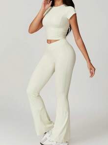 2Piece Set Women's Solid Crop High Waist Biker Pants Tracksuit Set, Flare Bottoms Legging Streetwear Tracksuit, Sporty Breathable Comfy Outfits For Gym Workout Running, Ladies Sportswear, Minimalistic Outfit - 白色 - 查看 1