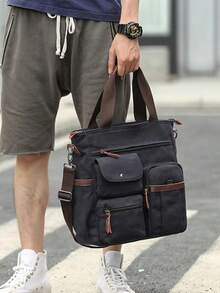 Vintage Canvas Messenger Bag For Men, Multi-Pocket Laptop Briefcase With Leather Trim, Shoulder Bag, Water-Resistant Work Bag For College, Commute, Travel, Fits 15" Laptop & Accessories 2000s Style Streetwear - A - View 3