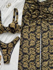 HOTTIE HABIT Women's 2 Pieces Black Gold Floral Print Bikini Set, Underwire Cami Bikini Top & Ruched Split Maxi Cover Up Skirt, Summer Beach Swimwear - Multicolor - View 6