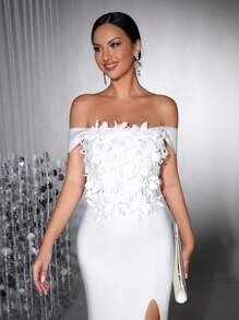 New Women's White Luxurious Elegant Three-Dimensional Floral Decoration Single Shoulder High Seam Slim Fit Long Bandage Dress Suitable For Birthdays, Holidays, Christmas Photos, Parties, Formal Dinners, Evening Dresses, Wedding Guest Dresses