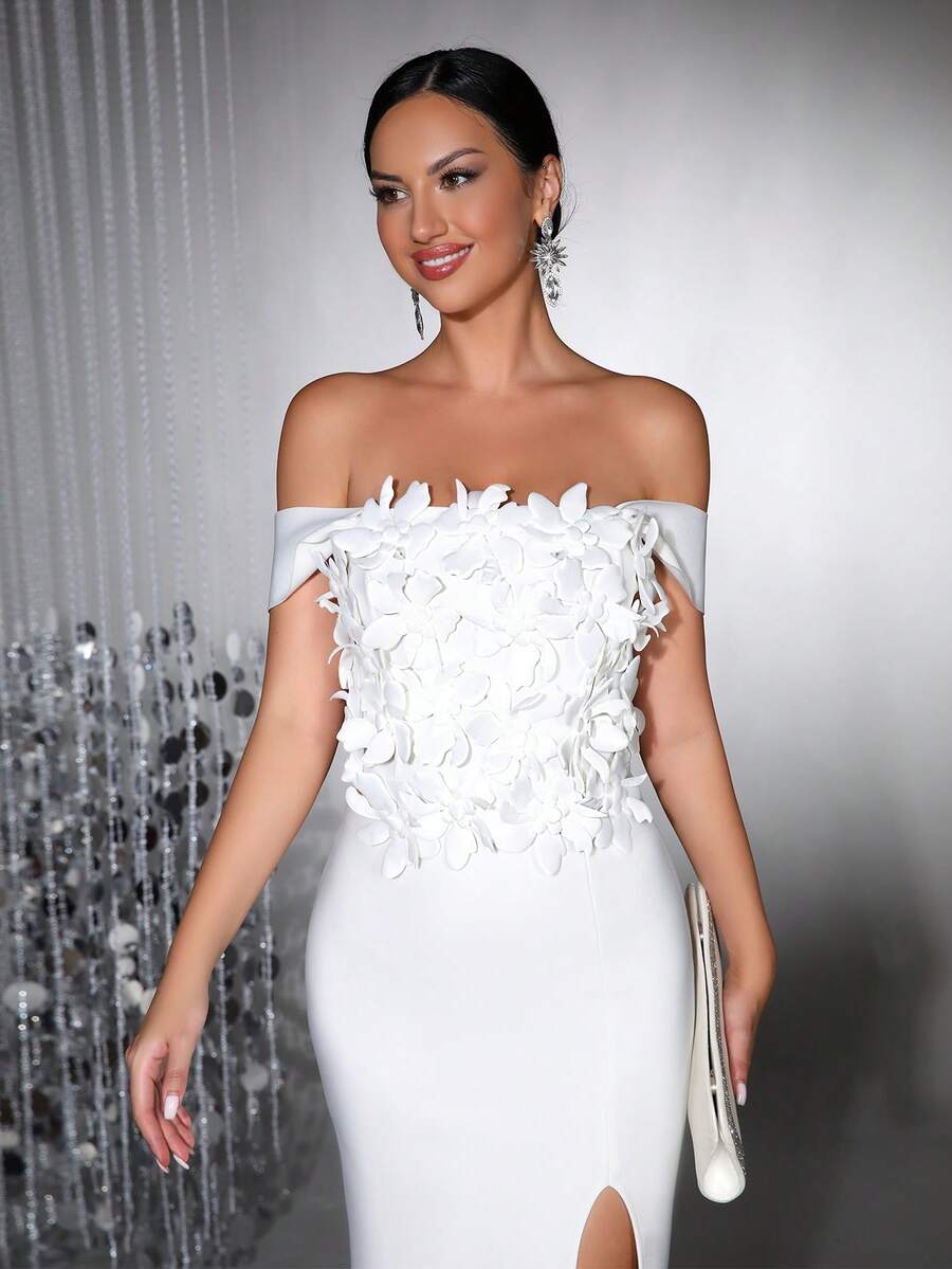 New Women's White Luxurious Elegant Three-Dimensional Floral Decoration Single Shoulder High Seam Slim Fit Long Bandage Dress Suitable For Birthdays, Holidays, Christmas Photos, Parties, Formal Dinners, Evening Dresses, Wedding Guest Dresses