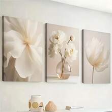 1 peça/3 peças pôsteres de artes de parede botânico moderno boêmio bege flores brancas plantas pinturas em tela impressões para decoração de casa sala de estar quarto escritório dormitório design de fundo imagem presentes descolados moldura opcional - Multicolorido - Ver 3