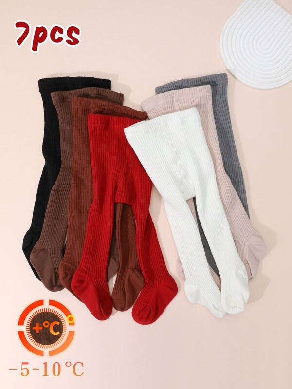 7pcs Girls' Solid Color Vertical Striped Thermal Leggings, Snug Fit Thermal Lined Tights For Autumn/Winter Outdoor Wear