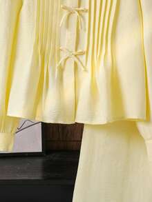 Left Mama Girls Casual Pleated Bow Long Sleeve Top And Straight Leg Pants Set, Spring/Autumn - Yellow - View 5