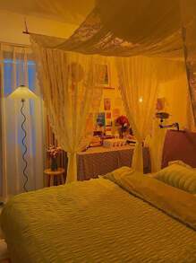 1 件优雅白色蕾丝装饰窗帘，适用于户外凉亭、婚礼派对、客厅和卧室，法式浪漫薄纱面料，可调节床上用品和蕾丝，适合全尺寸/大号床房间装饰家居装饰客厅装饰窗帘 - 白色 - 查看 3